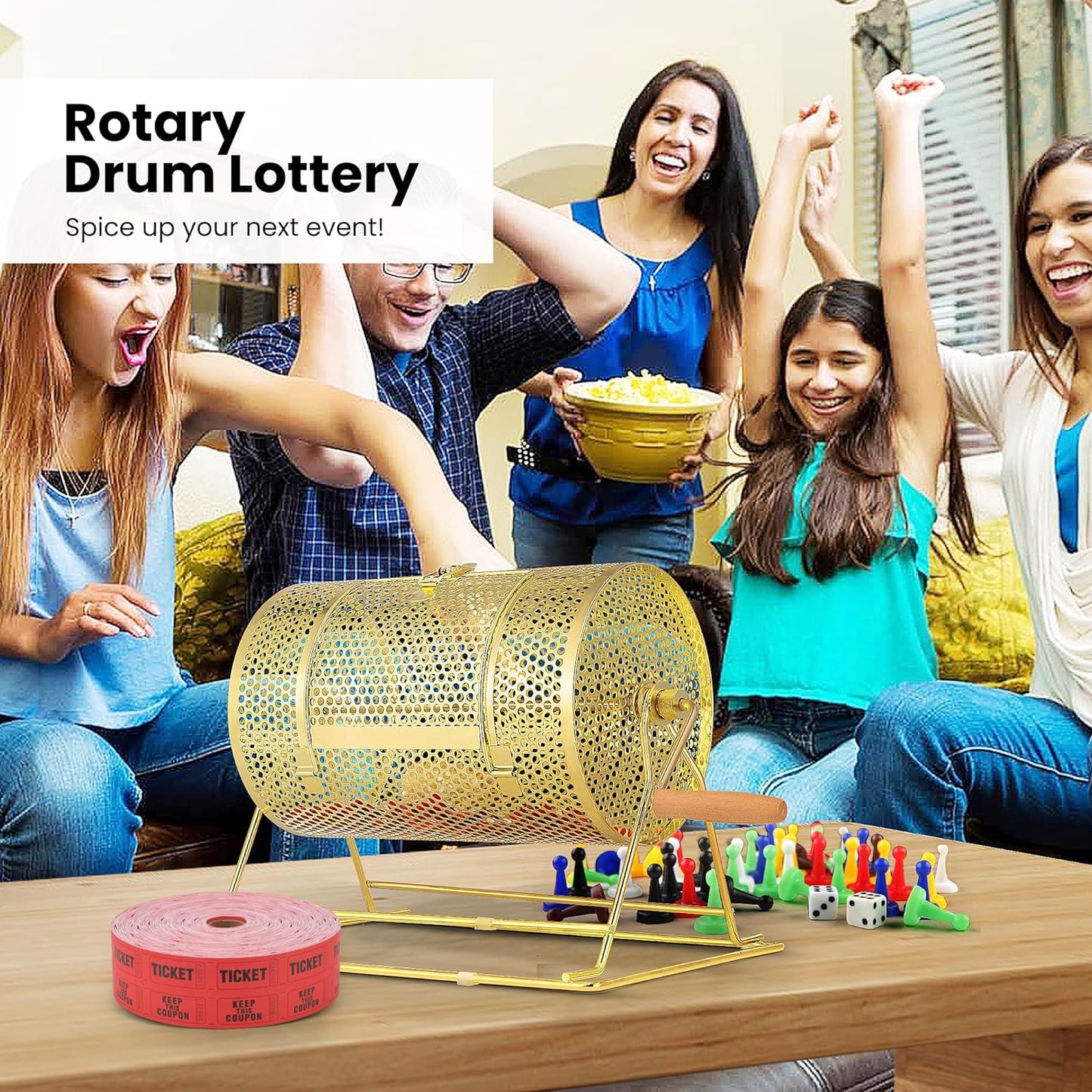 Golden Raffle Rotary Drum with Wooden Turning Handle